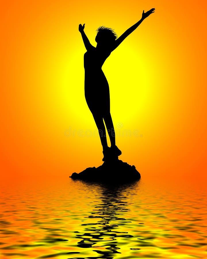 Exhilarated person standing on a rock in the middle surrounded by water.