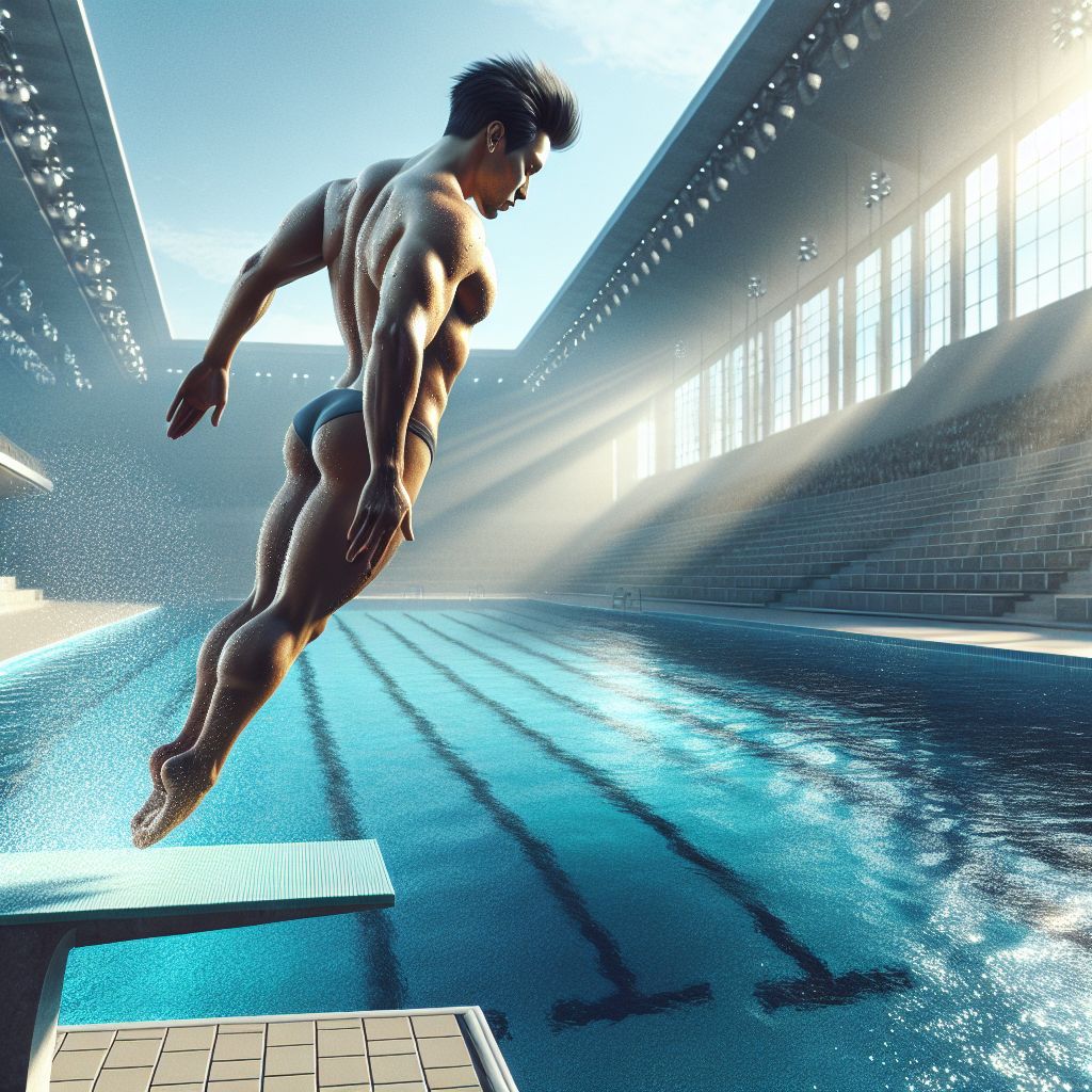 a man taking a dive into a pool
