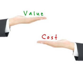 two hands with palms up and the text 'value' over the top hand, the text 'cost' over the bottom hand